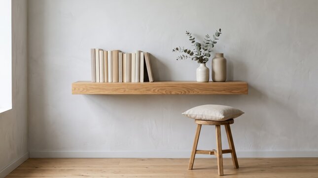 Minimalist interior design featuring a floating oak wood shelf with beige books and ceramic vases, eucalyptus branches, simple wooden stool with cushion against textured white wall