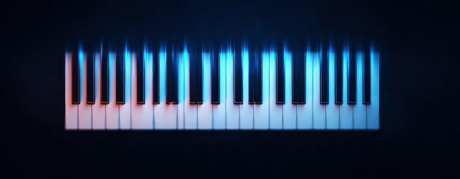 Glowing piano keys with blue light illumination on dark background representing musical performance and modern digital music production concepts