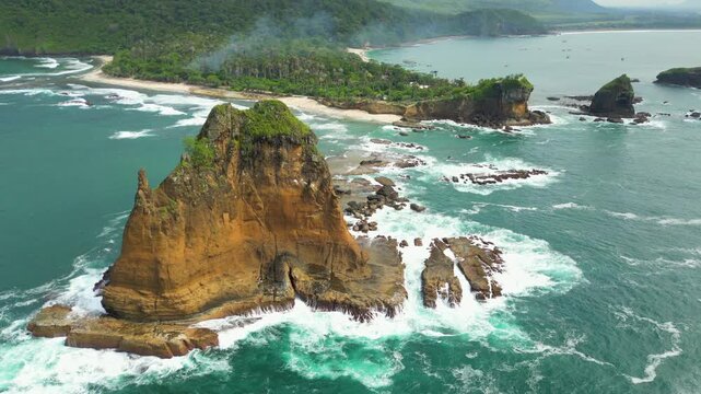 Rugged South Java Coastline Rocky Pantai Papuma Jember Indonesia Drone Track Back 4K 60FPS