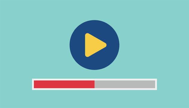 Blue circular video play button featuring a yellow triangle with a red and grey loading progress bar below it on a teal background.