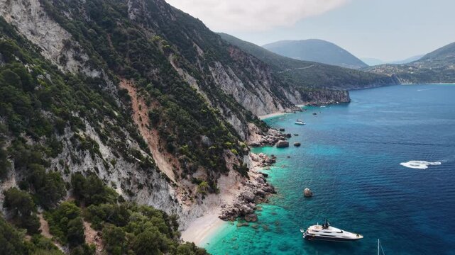 The unbelievably beautiful Afales Bay, Ithaca, Greek Islands - drone flyover from north tip