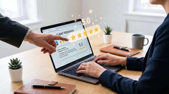 Client feedback showing five star rating and positive review on laptop screen, business people discussing customer satisfaction, service quality assessment, pointing at excellent