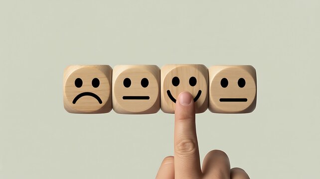 Hand choosing a smiling wooden face among different emotional expressions representing mood and feelings
