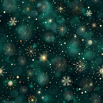 Magical Abstract Green Bokeh and Golden Snowflake Seamless Pattern for Christmas Festive Gift Wrapping and Digital Backgrounds