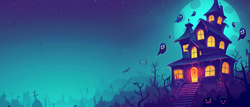 Vibrant Flat Vector Spooky Haunted House Banner with Vast Left Copy Space for Halloween Event Website Header and Email Marketing
