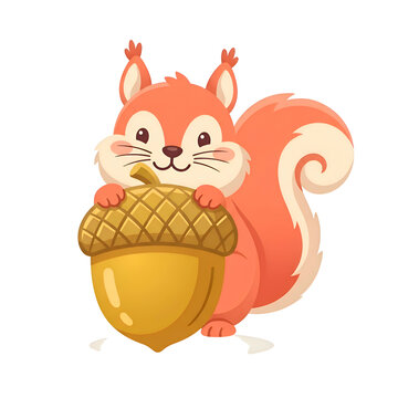 Cute Cartoon Red Squirrel Character Holding Large Acorn Nut