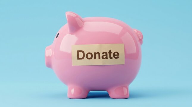 Pink piggy bank with a Donate label on a blue background representing charitable giving financial savings fundraising generosity donations and community support