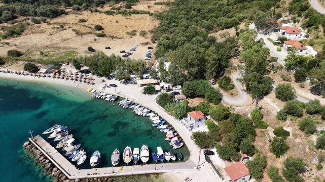 Lovely Polis beach, Ithaca, Greek Islands - drone flyover revealing bay
