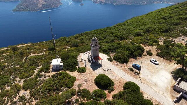 Stunning dronie reveal of Vathy bay from Kathara Monastery, Ithaca, Greek Islands