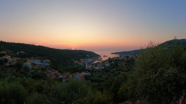 Mesmerisingly beautiful timelapse of sunrise at Kioni Bay, Ithaca, Greek Islands - far distance