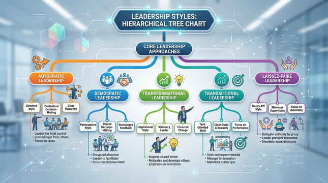 Leadership Styles Hierarchical Tree Chart Infographic for Business Management and Organizational Strategy