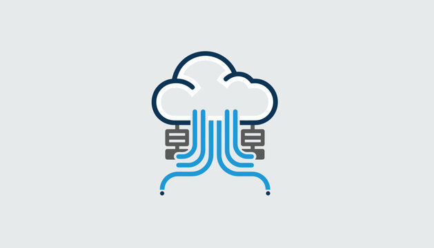 Informative cloud computing network diagram showing a digital cloud linked to local databases with data streaming paths.