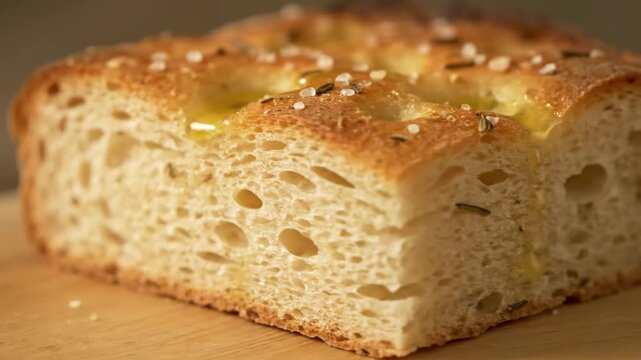 Macro close-up of a freshly baked, crusty Italian Focaccia bread slice showing porous interior texture (alveoli), seasoned with olive oil, coarse sea salt, and aromatic rosemary.