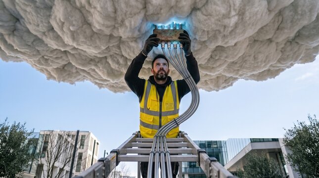 Technician plugging power cable into digital cloud server infrastructure concept