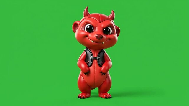 Red devil meerkat character wearing black vest on green background