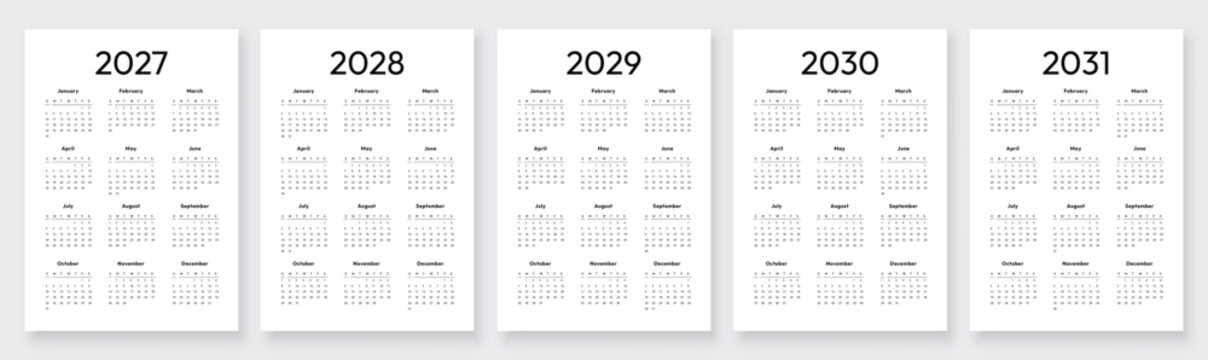Calendar set for 2027, 2028, 2029, 2030, 2031 years. Week starts on Sunday. Modern editable vertical wall calendar template vector illustration.