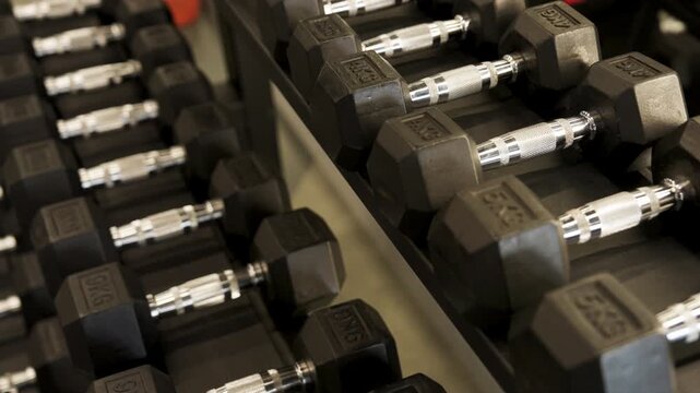 Dumbbells are lined up on a rack in a gym. Each weight has a clear label for easy identification. People can use them for strength training.