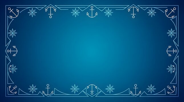 Decorative nautical blue background featuring a stylized frame border with line art anchors and compass rose elements for maritime design.
