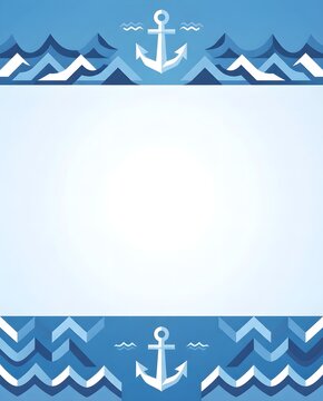 Blue nautical vertical background template with stylized ocean waves and white anchors at the top and bottom, offering ample copy space.