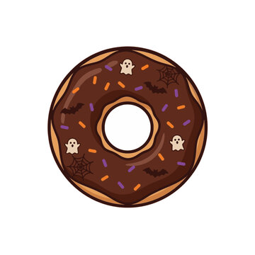 A spooky chocolate Halloween donut vector illustration decorated with little ghosts and bats