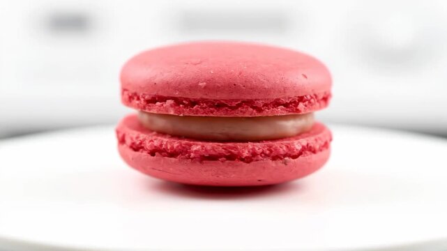 Close-up macro shot of a delicious pink or raspberry flavored macaron cookie with creamy caramel filling, isolated on a bright white studio background, showcasing dessert luxury.