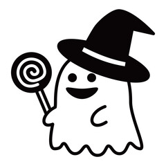 魔女の帽子をかぶってキャンディを持つおばけのハロウィンイラスト © marupanda