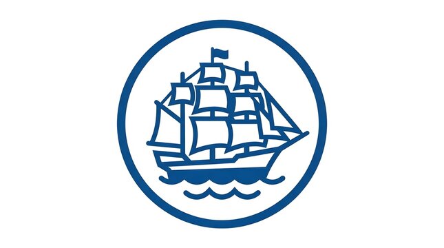 Blue clipper ship vector icon inside a circle