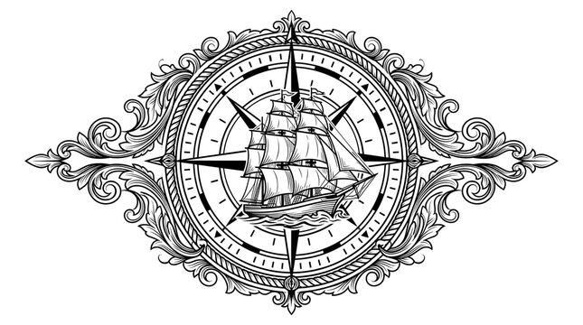 Ornate clipper ship vector emblem with vintage compass rose