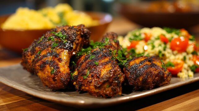 Spicy grilled jerk chicken with smoky charred exterior, juicy tender meat, caribbean inspired seasoning and bold spices, flavorful homemade chicken dish for lunch or dinner, served as a delicious savo