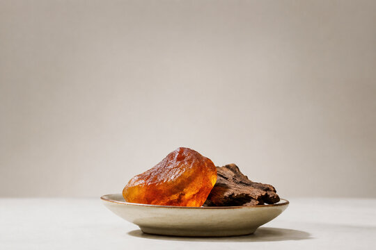 Amber resin piece and bark fragment on ceramic dish, studio banner with soft background, natural wellness and earthy spa concept