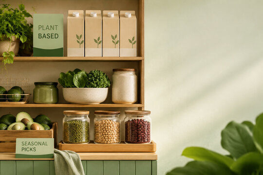 Retail shelf with avocado, leafy greens, legumes, plant-based milk cartons, vegan grocery concept
