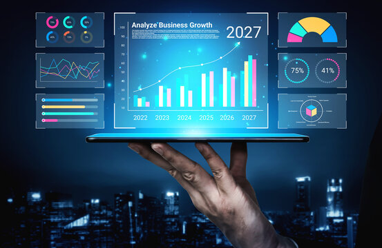 A hand holding a transparent tablet displaying various graphs and charts representing business growth analysis in a futuristic urban setting at night. Cyphers