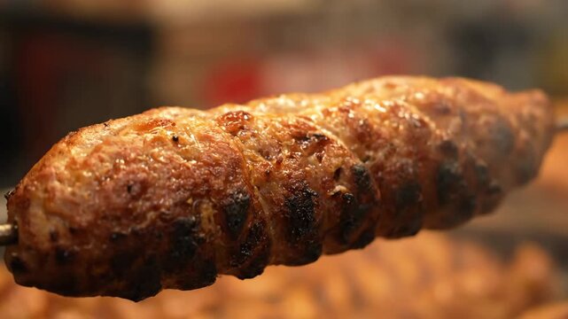Close-up of traditional juicy Lula Kebab or Kofta cooking slowly on a rotating skewer over hot coals, highlighting char marks and golden-brown grilled meat texture.