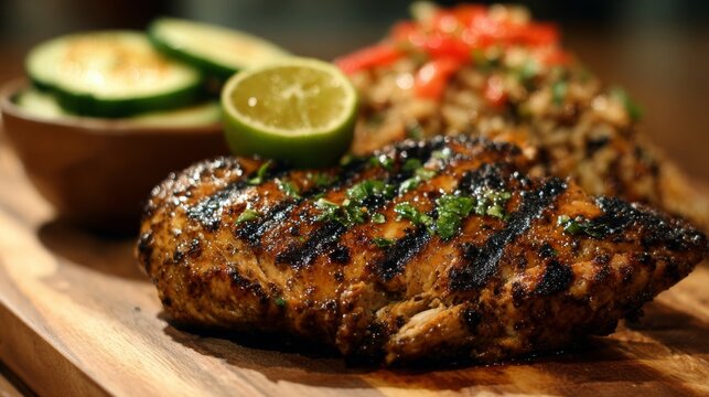 Spicy grilled jerk chicken with smoky charred exterior, juicy tender meat, caribbean inspired seasoning and bold spices, flavorful homemade chicken dish for lunch or dinner, served as a delicious savo