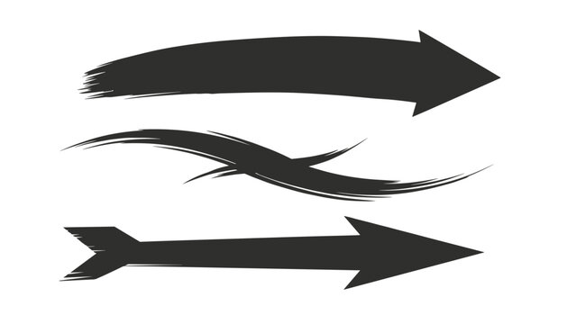 Set of three black grunge brushstroke arrows and a swirl element showing organic hand painted textures on white backdrop.