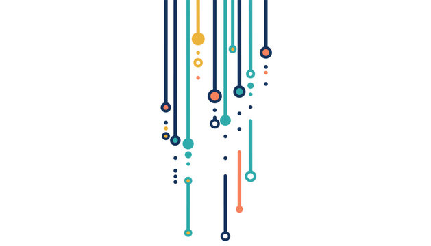 Modern abstract art of vertical hanging lines with colored nodes on a white background, representing data flows.
