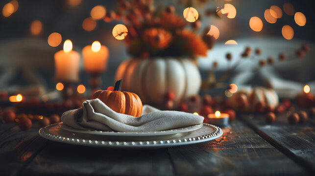 High-End Moody Autumn Thanksgiving Table Setting with Pumpkin and Bokeh Lights for Holiday Banquet Menu Layout