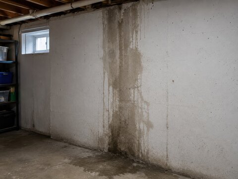 Concrete basement wall with visible water stains and moisture damage, featuring a small window and shelves with storage bins in a dimly lit environment
