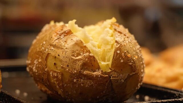 Delicious baked potato seasoned with coarse sea salt and cracked open to show the fluffy interior and melting butter, emphasizing warmth and savory comfort food.