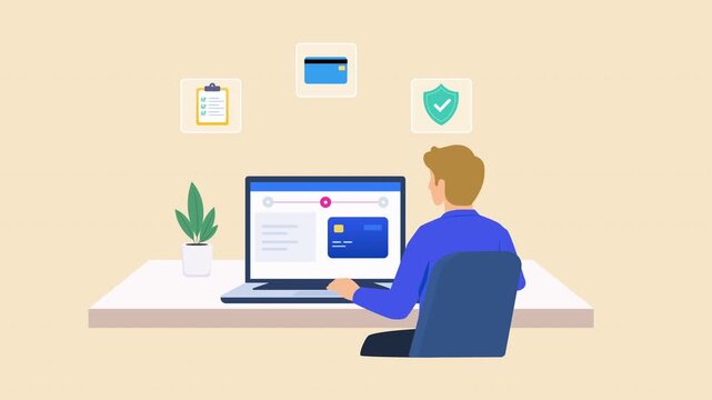 Animated online payment scene showing a person using a computer with a secure payment dashboard and protection icons, representing digital payments, cybersecurity, and financial technology.