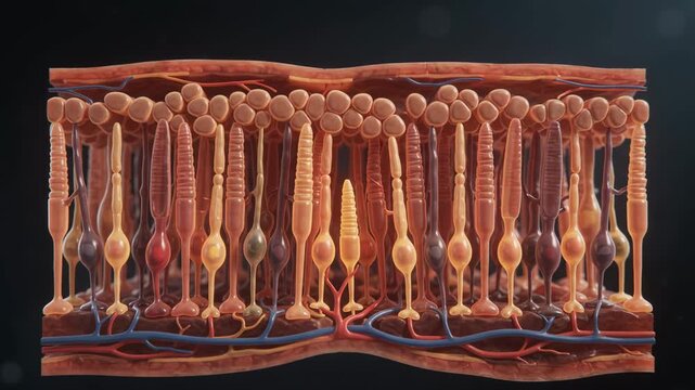 Detailed 3D animation of human retina cross-section showing photoreceptor cells and degradation