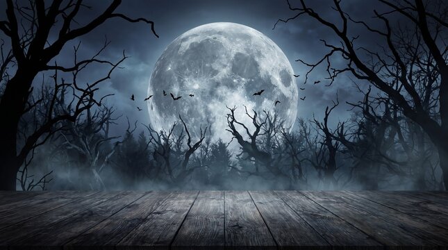 Spooky Halloween background with full moon, dark forest with dead trees and bats, wooden table surface for product display
