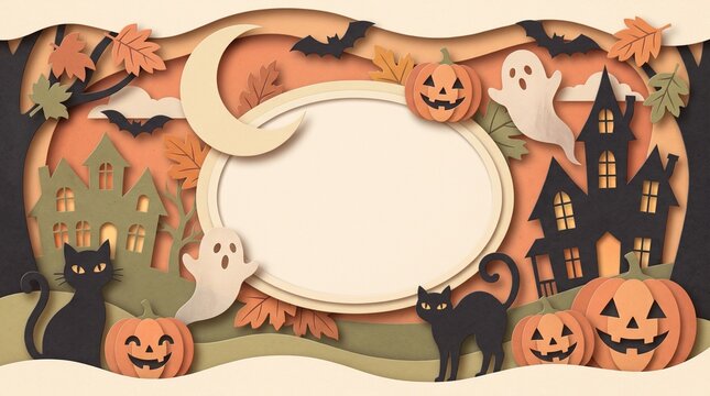 Paper cut Halloween background with spooky haunted house and ghosts. Craft style autumn frame with pumpkins and black cats. Layered paper art border.