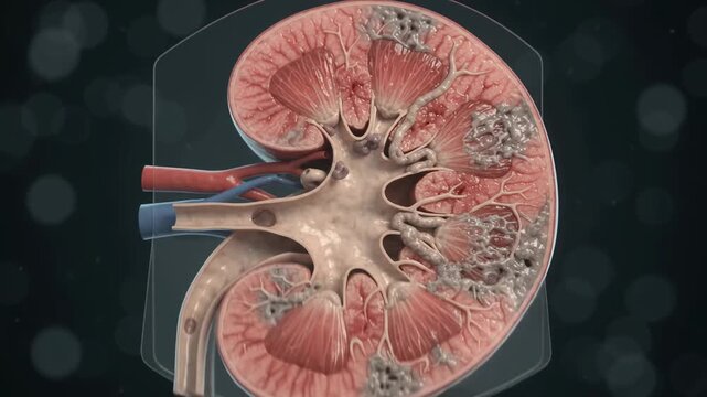 Animated 3D medical cross-section of human kidney anatomy with disease and calculus