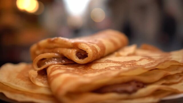 Close-up Macro Shot of Stacked Crepes or French Pancakes Folded and Dusted with Powdered Sugar, Warm Golden Light and Shallow Depth of Field.