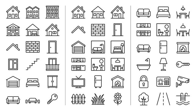 Modern House Linear Icon Collection with Home Types, Rooms, Architecture, Security, Furniture, Garden and Residential Property Symbols