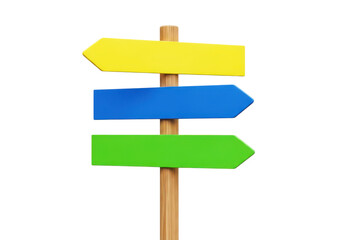 Directional signpost with three blank colorful arrows indicating different choices for navigation on transparent background. © Manju