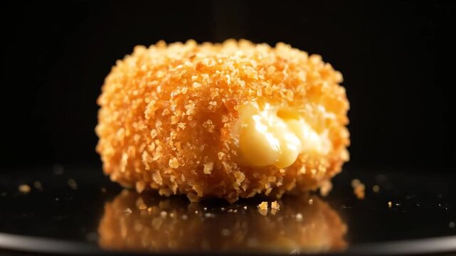 Extreme close-up of a perfectly crunchy golden-brown fried croquette or arancini ball, professionally shot on a reflective black surface with dark background, emphasizing texture and steam.