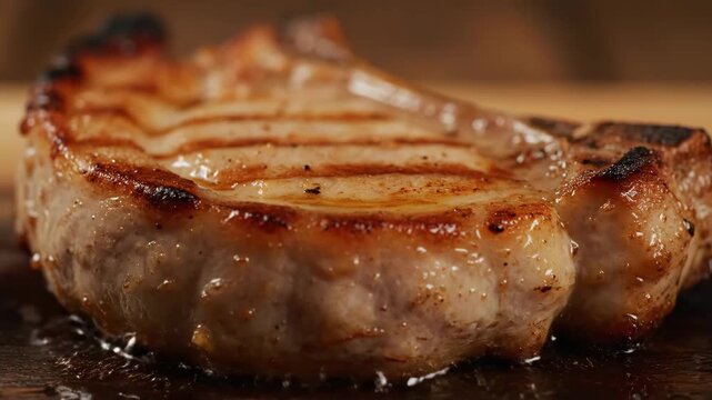 Macro slow motion of a sizzling thick pork chop being grilled, showing beautiful sear marks and juicy caramelized crust cooking in hot fat.
