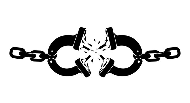 Broken metal handcuffs silhouette symbolizing freedom